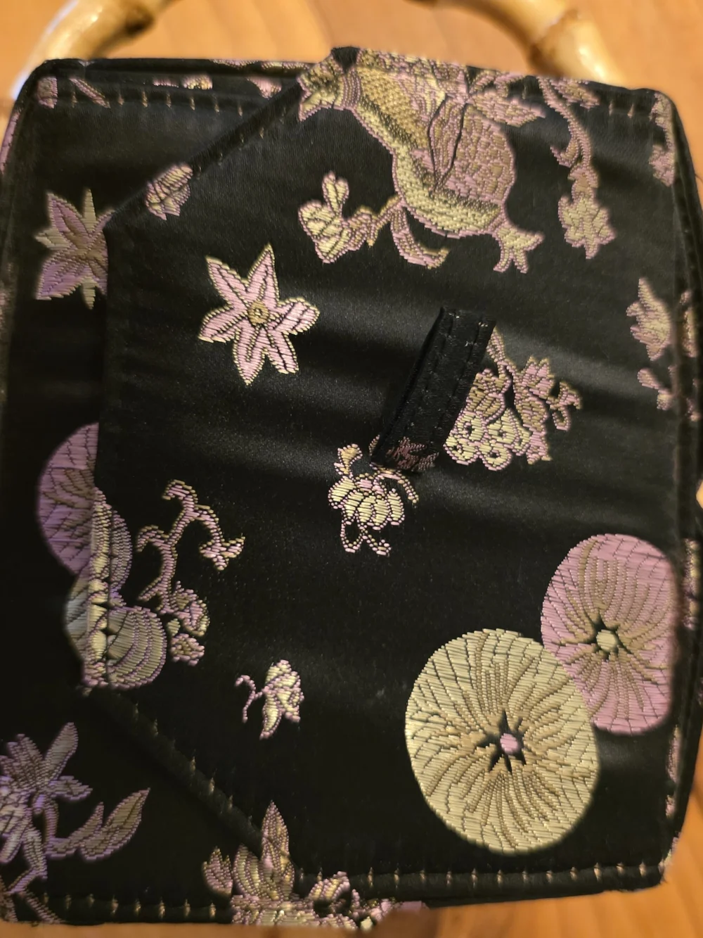 Black Floral Satchel with Bamboo Handle